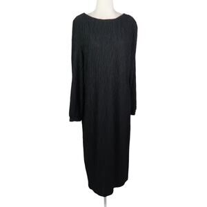 Vintage 90s Black Crinkle Long Sleeve Loose Midi Dress L